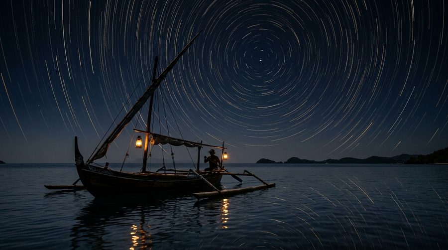 Perahu layar tradisional Nusantara di laut malam dengan jalur bintang bercahaya memantul di air