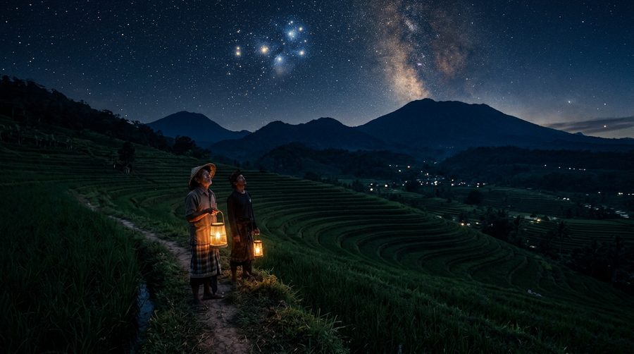 Petani Indonesia berdiri di tepi sawah saat senja menatap langit bertabur bintang di atas siluet bukit