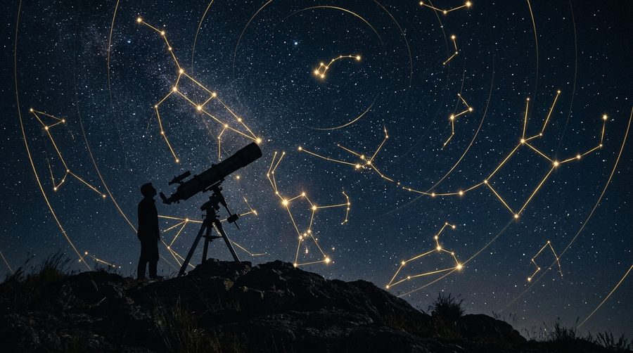 Siluet teleskop di atas bukit malam menghadap langit rasi bintang bercahaya keemasan